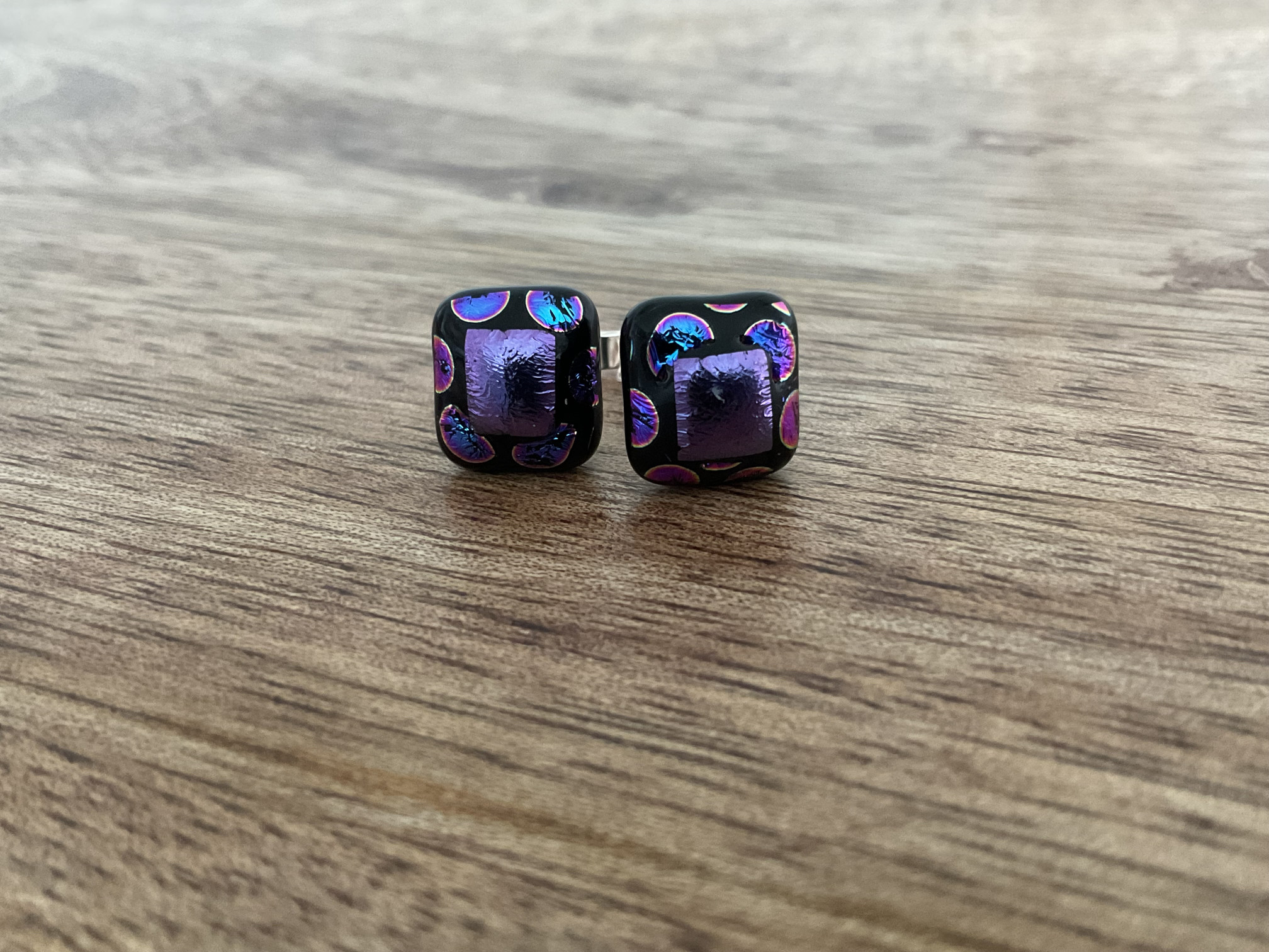 SQUARE DICHROIC GLASS SHIMMER STUD EARRINGS - Blue & PURPLE - Click Image to Close